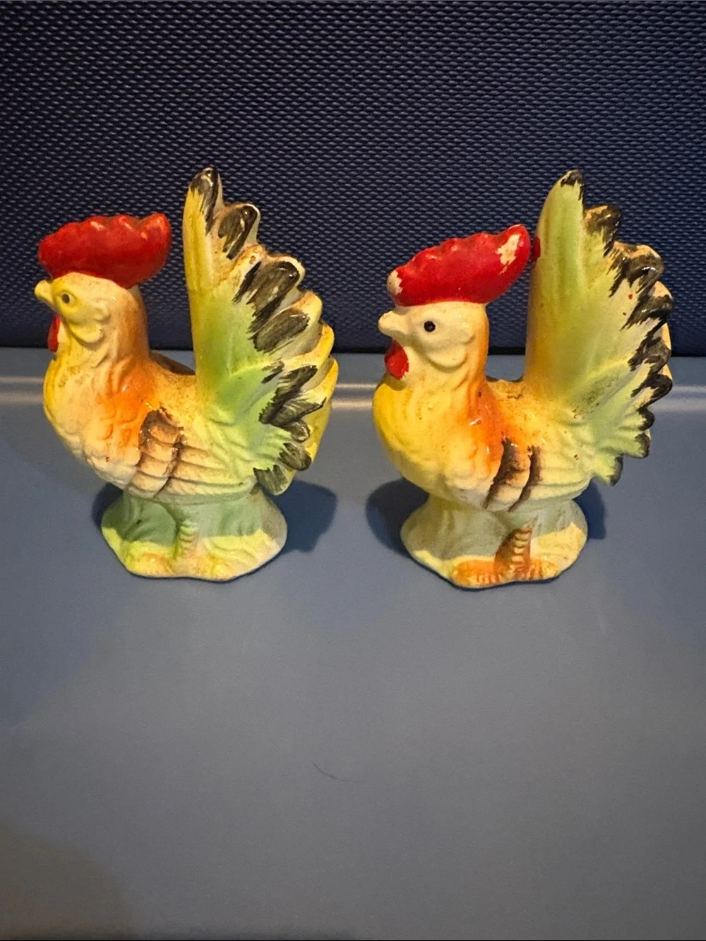 Vintage Ceramic Rooster Salt and Pepper Shakers - Yellow & Green